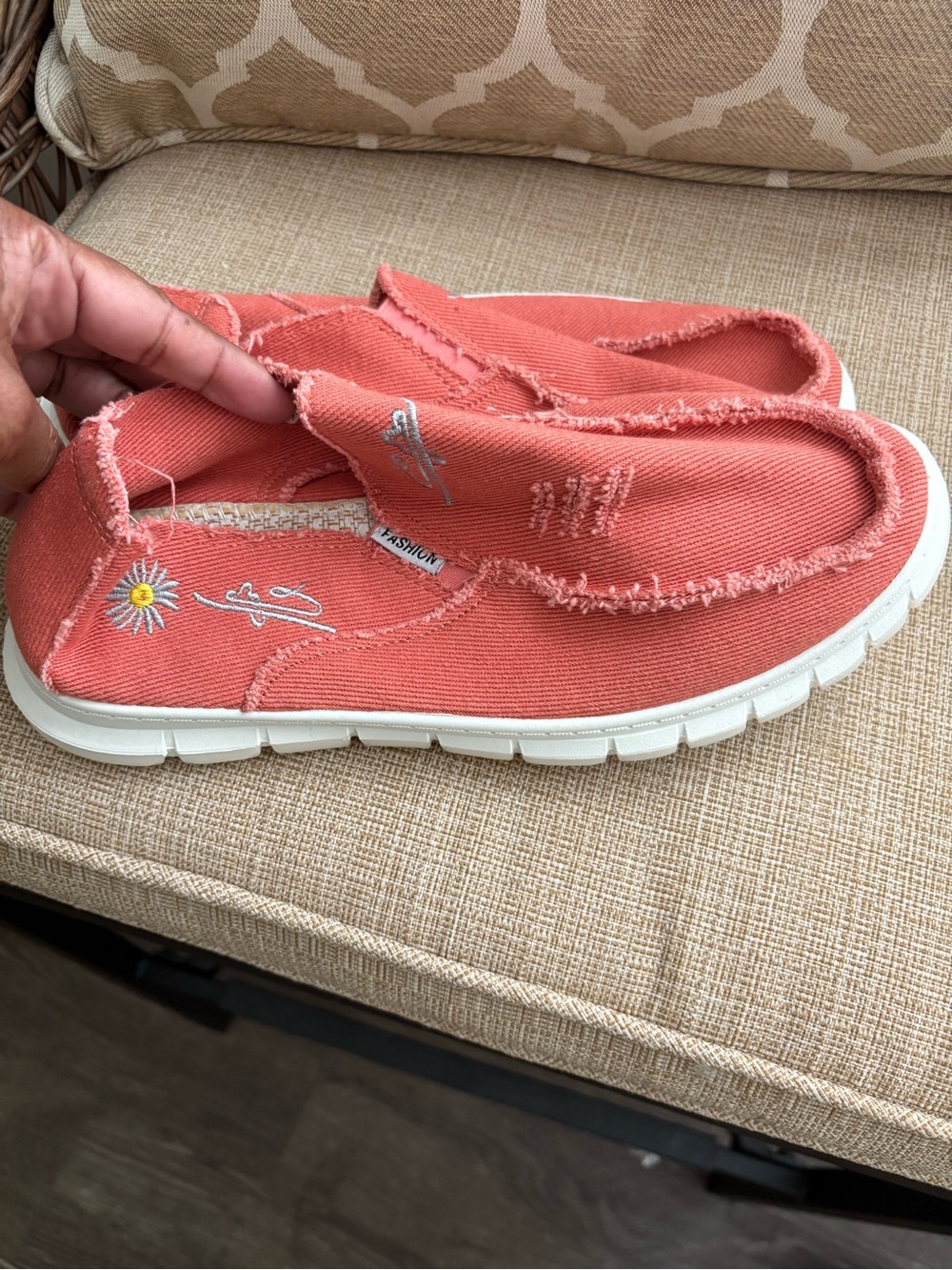 Fashion Bug Coral Slip-On Moccasins with Daisy Embroidery